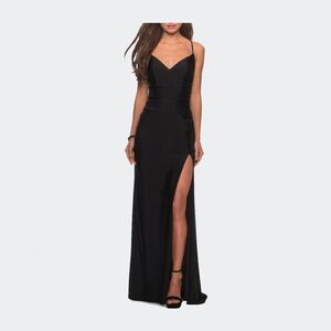 La Femme Black Satin Maxi Dress w/ Slit & Crisscross Back Size 6